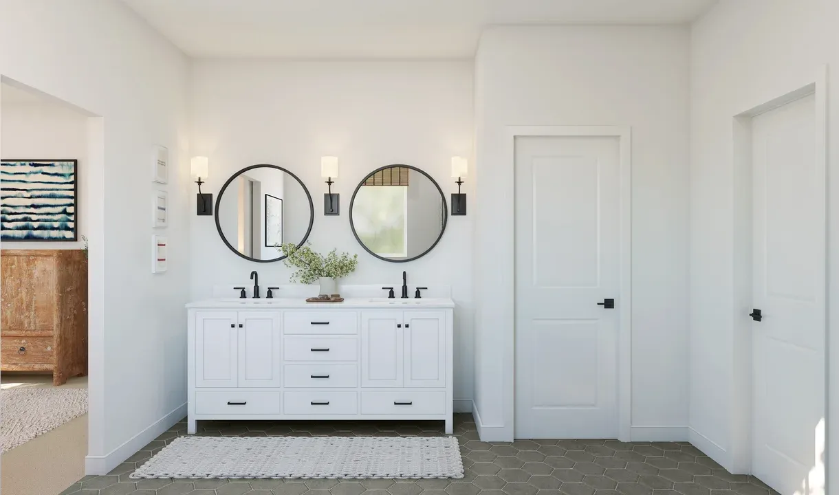 Primary bath with freestanding vanity