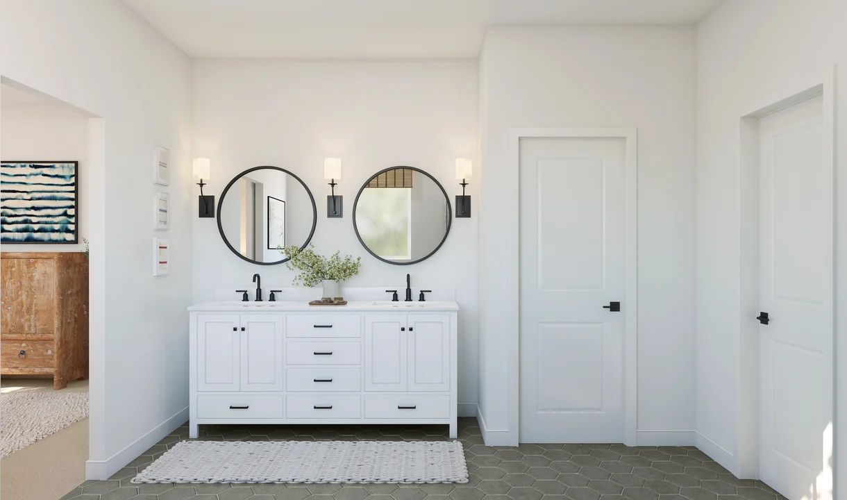 Primary bath with freestanding vanity