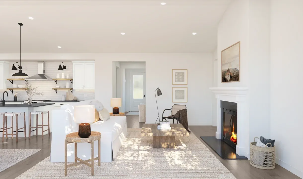 Great room with vaulted ceiling and optional fireplace