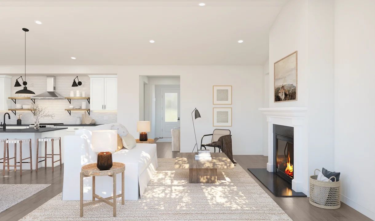 Great room with vaulted ceiling and optional fireplace