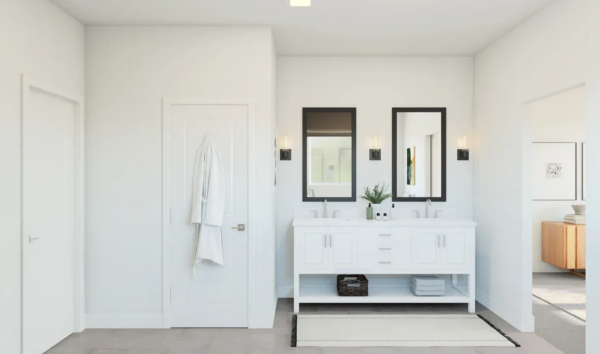 Primary bath with freestanding vanity