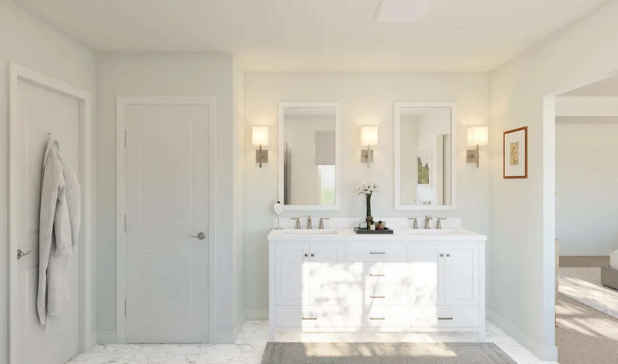 Freestanding vanity with dual sinks in primary bath
