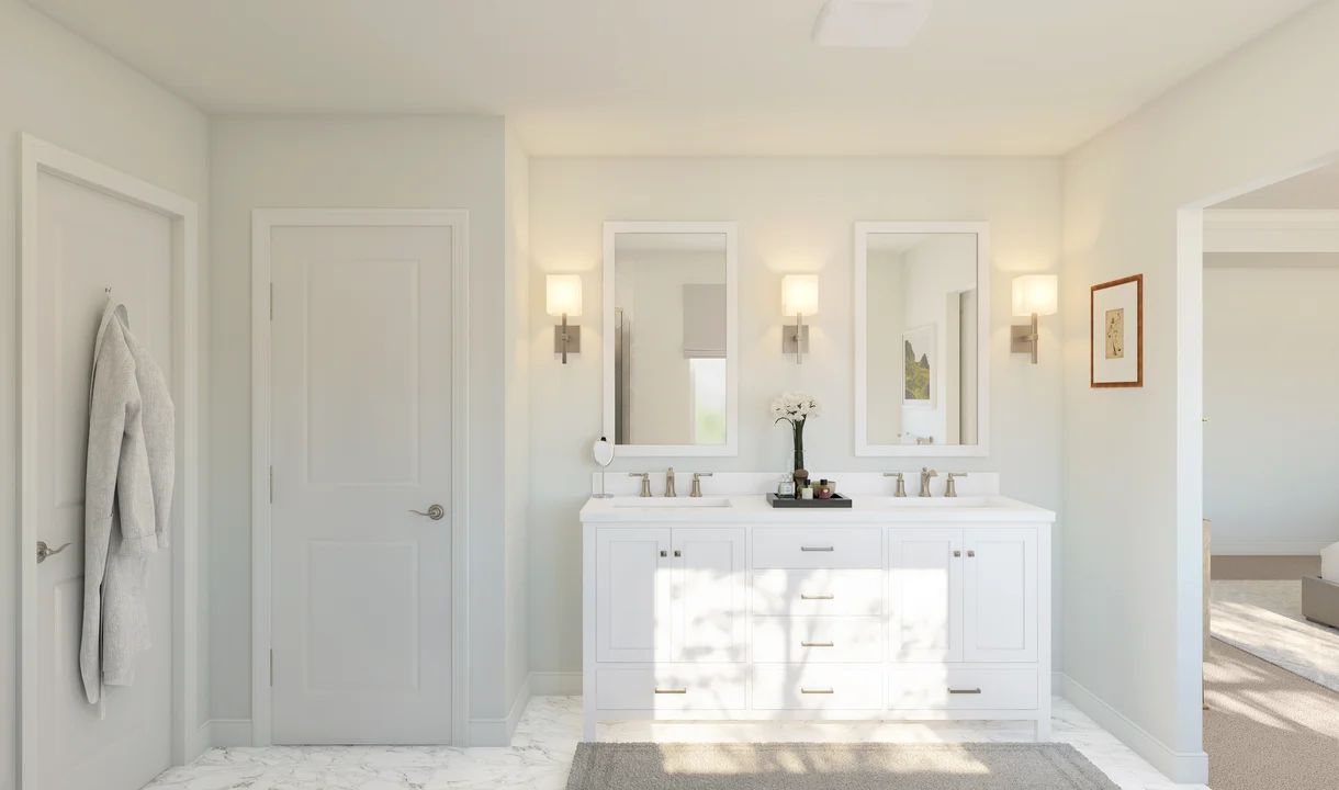 Freestanding vanity with dual sinks in primary bath