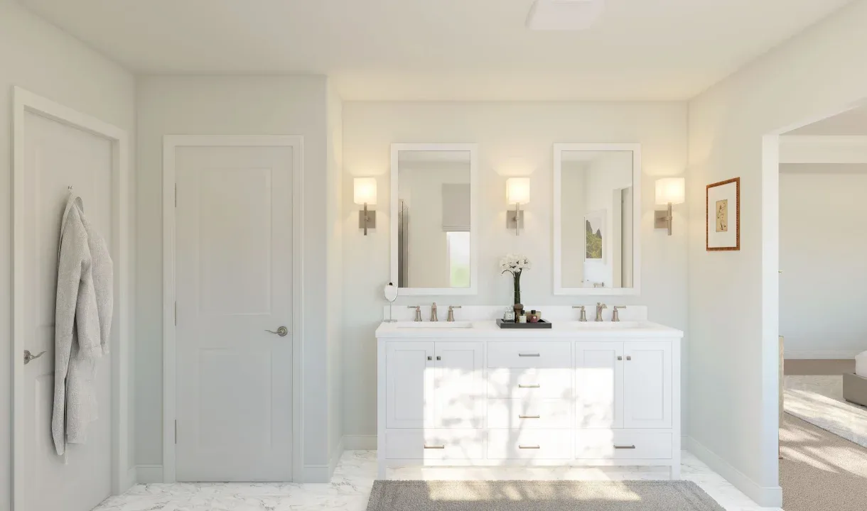 Freestanding vanity with dual sinks in primary bath