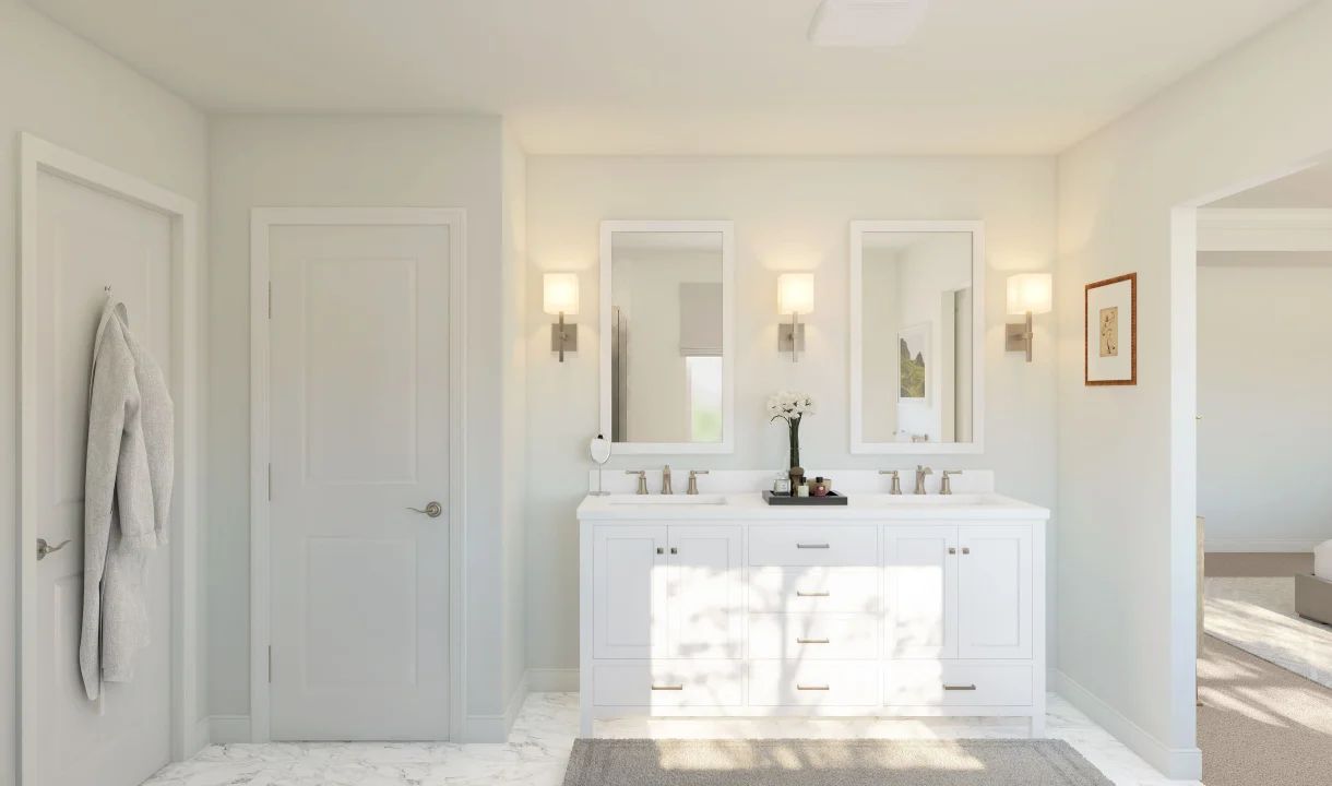 Freestanding vanity with dual sinks in primary bath