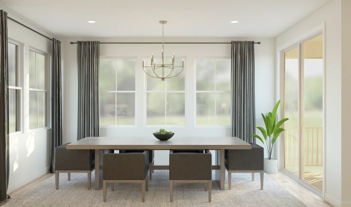Dining area with decorative chandelier