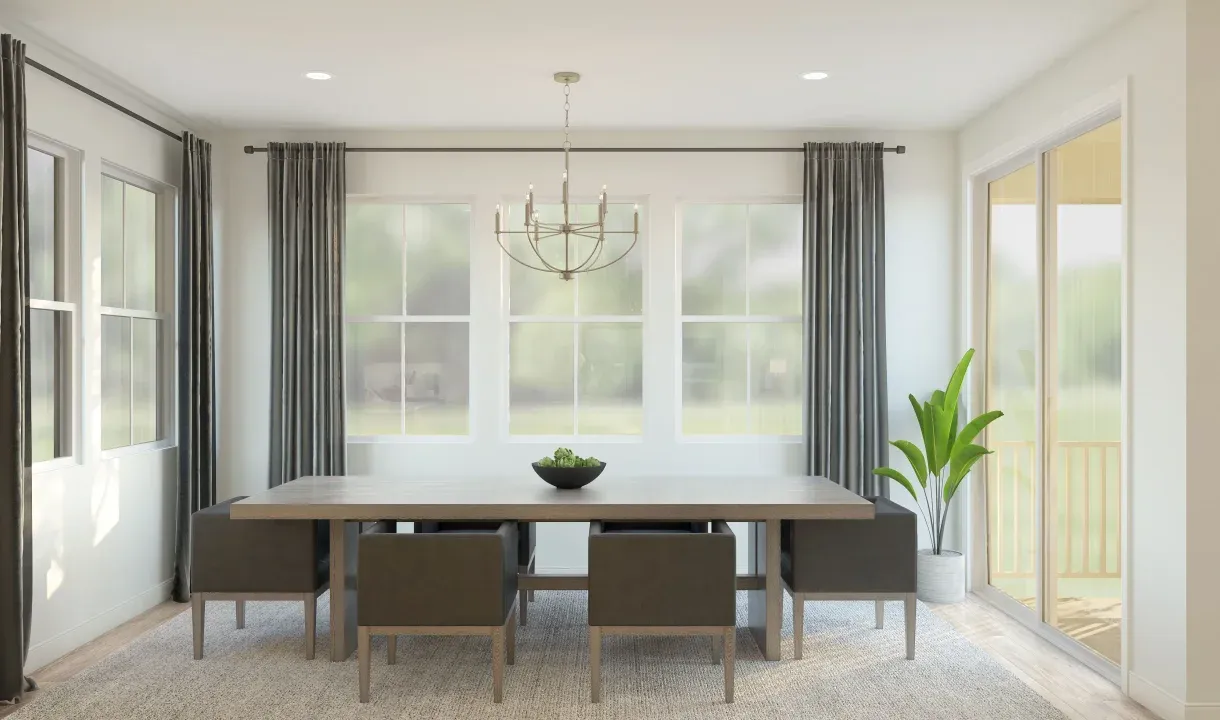 Dining area with decorative chandelier
