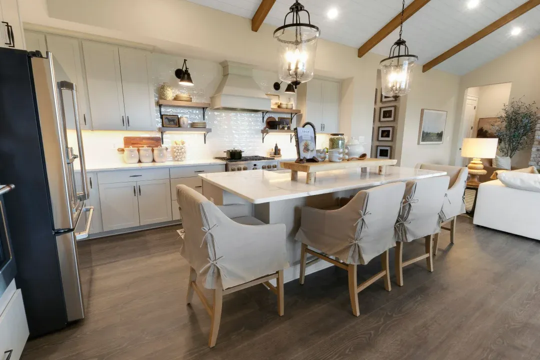 Kitchen with quartz island and countertops