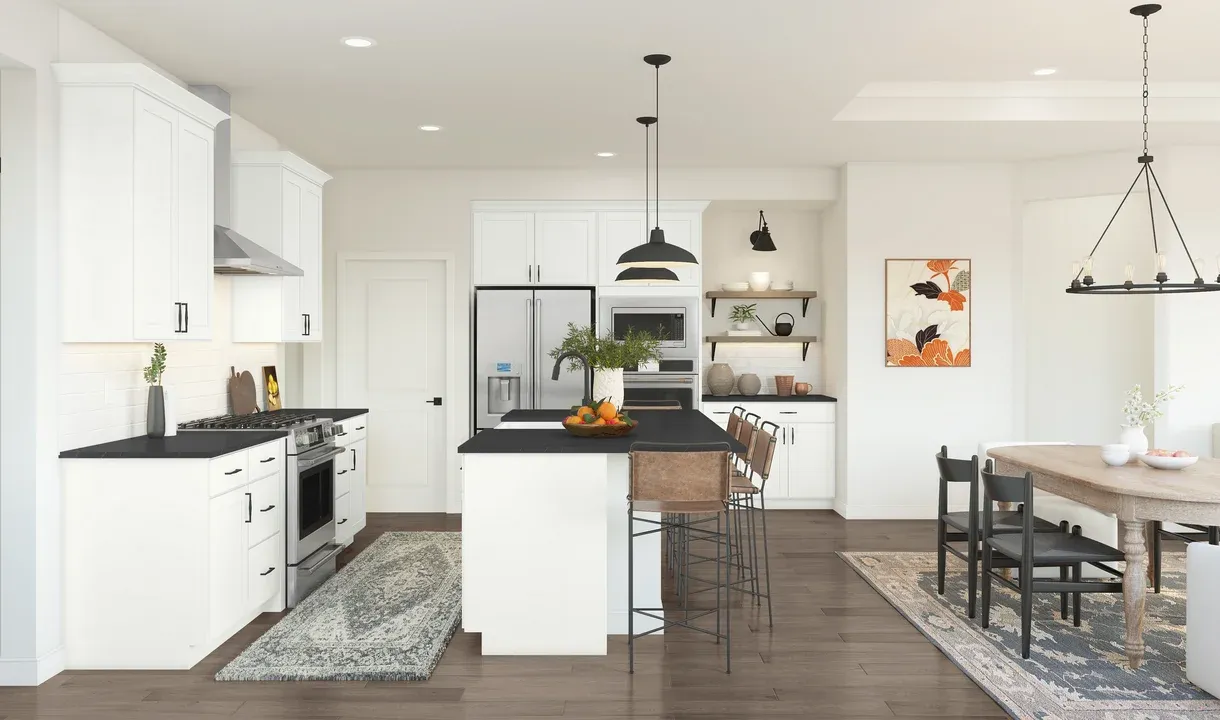 Kitchen with white cabinetry and floating shelves
