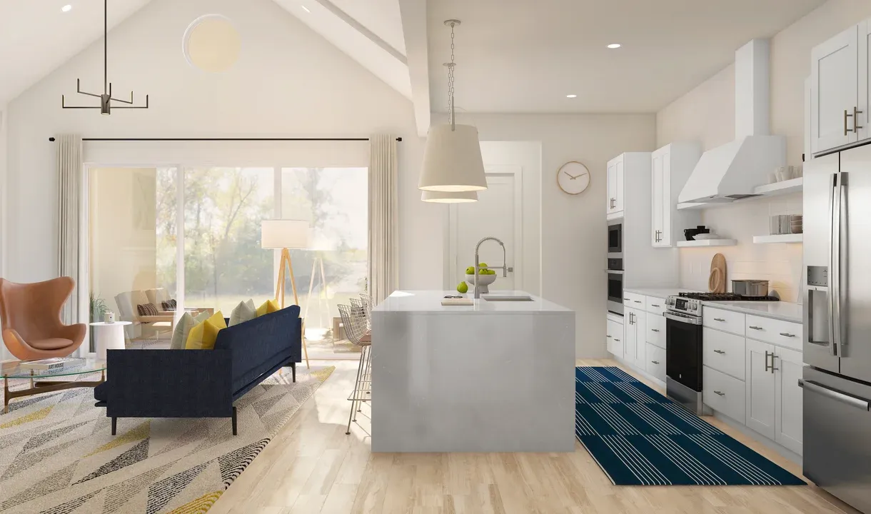 Kitchen with quartz island and countertops
