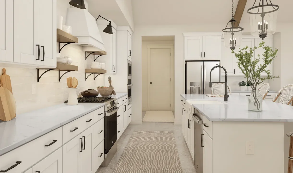 Kitchen with floating shelves and matte black hardware