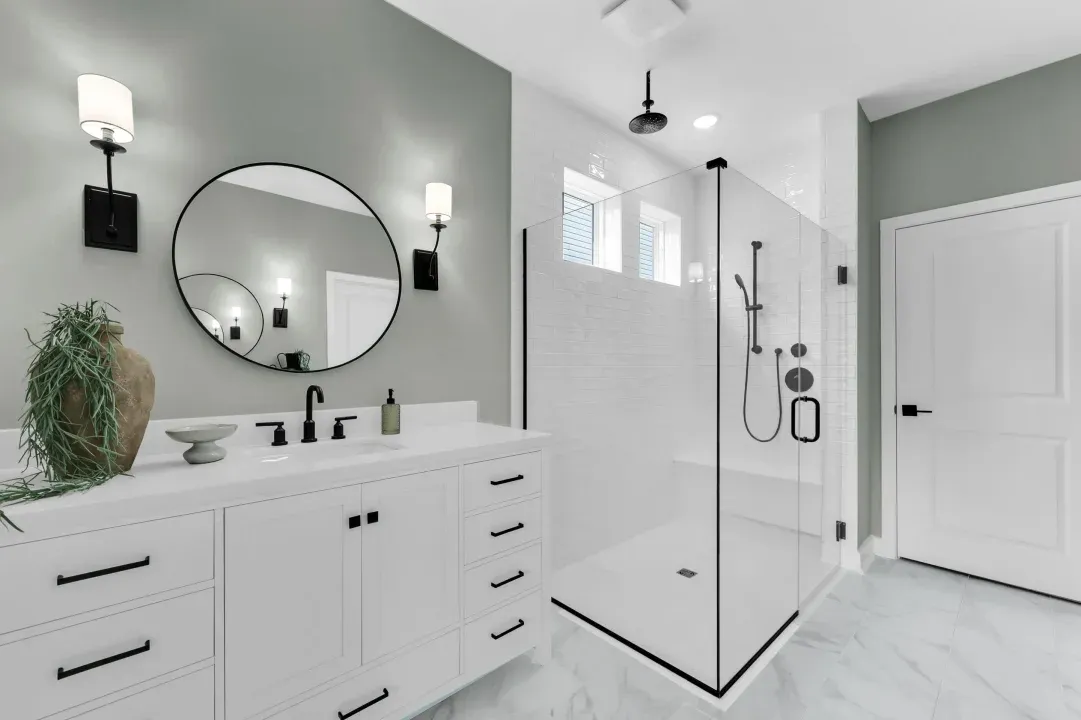 Primary bath with glass shower enclosure