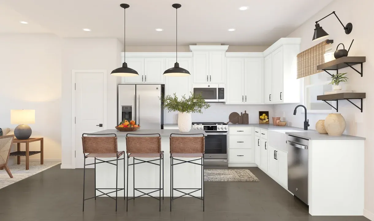 Kitchen with vast island & floating shelves