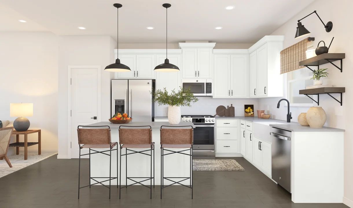 Kitchen with vast island & floating shelves