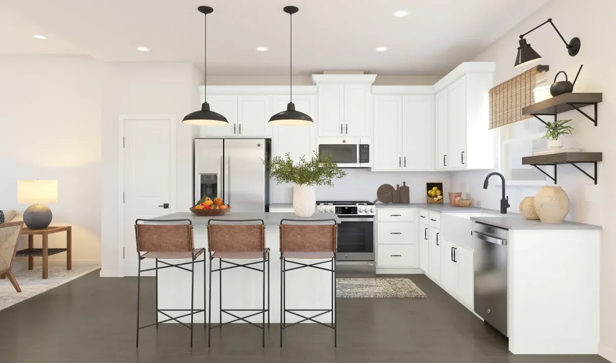 Kitchen with vast island & floating shelves