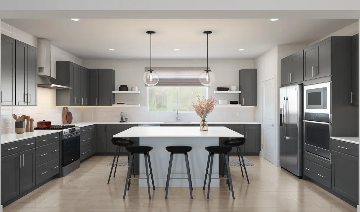 Kitchen with pendant lights and floating shelves
