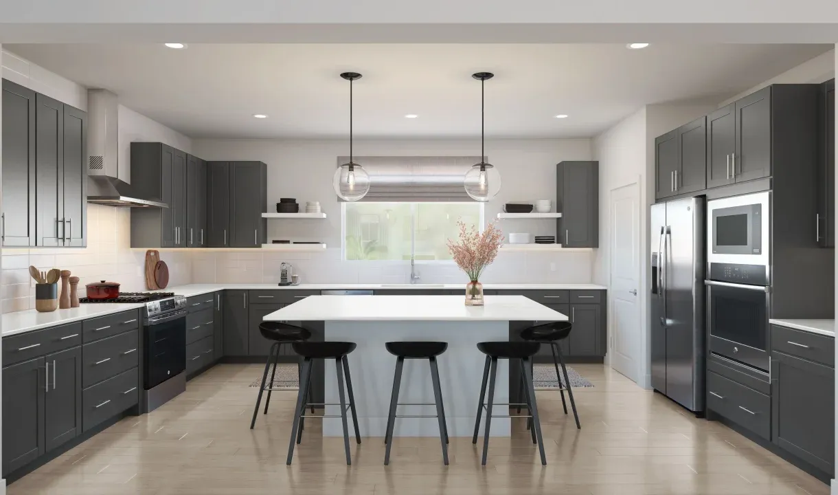 Kitchen with pendant lights and floating shelves