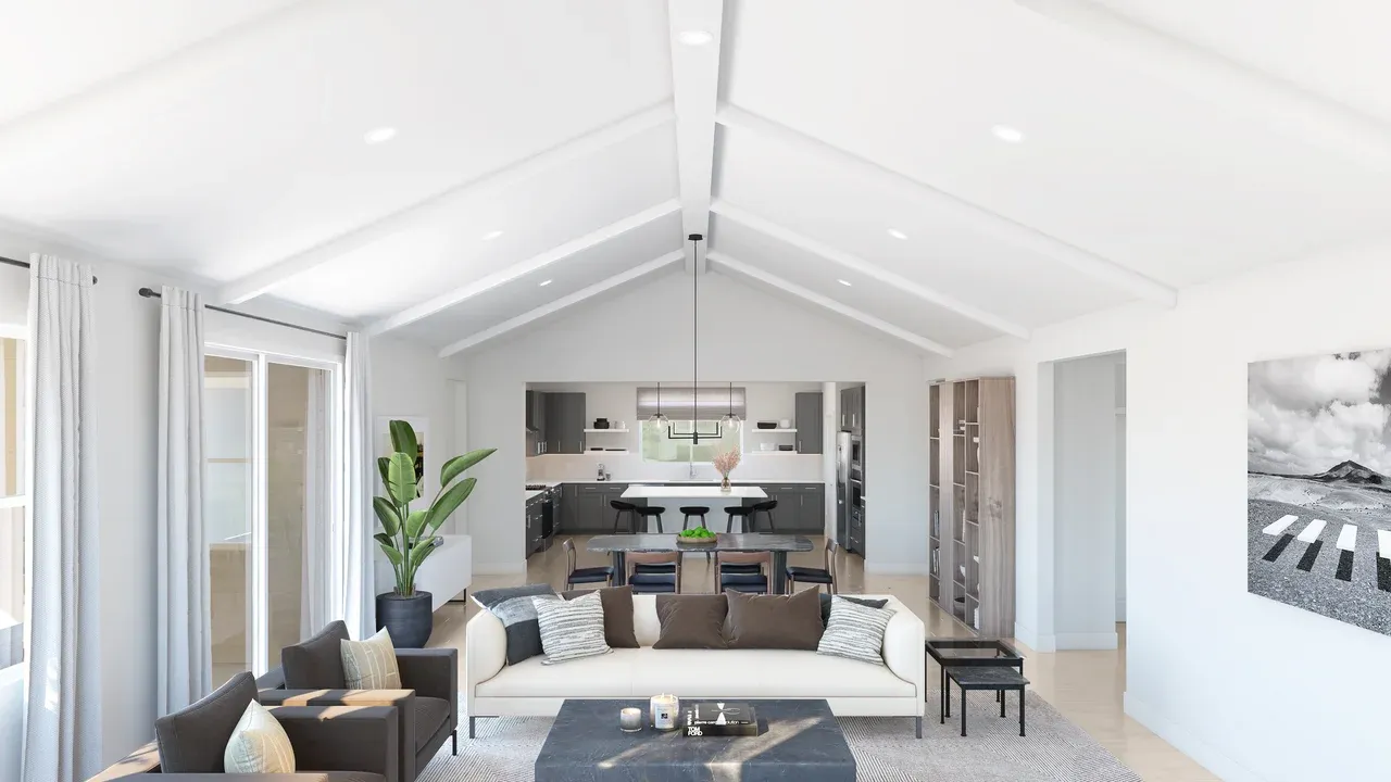 Great room and dining area with vaulted ceiling