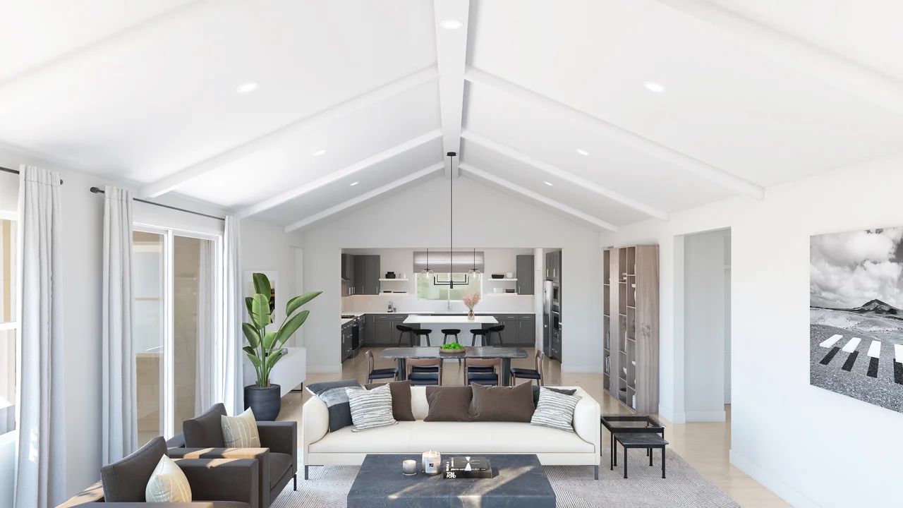 Great room and dining area with vaulted ceiling