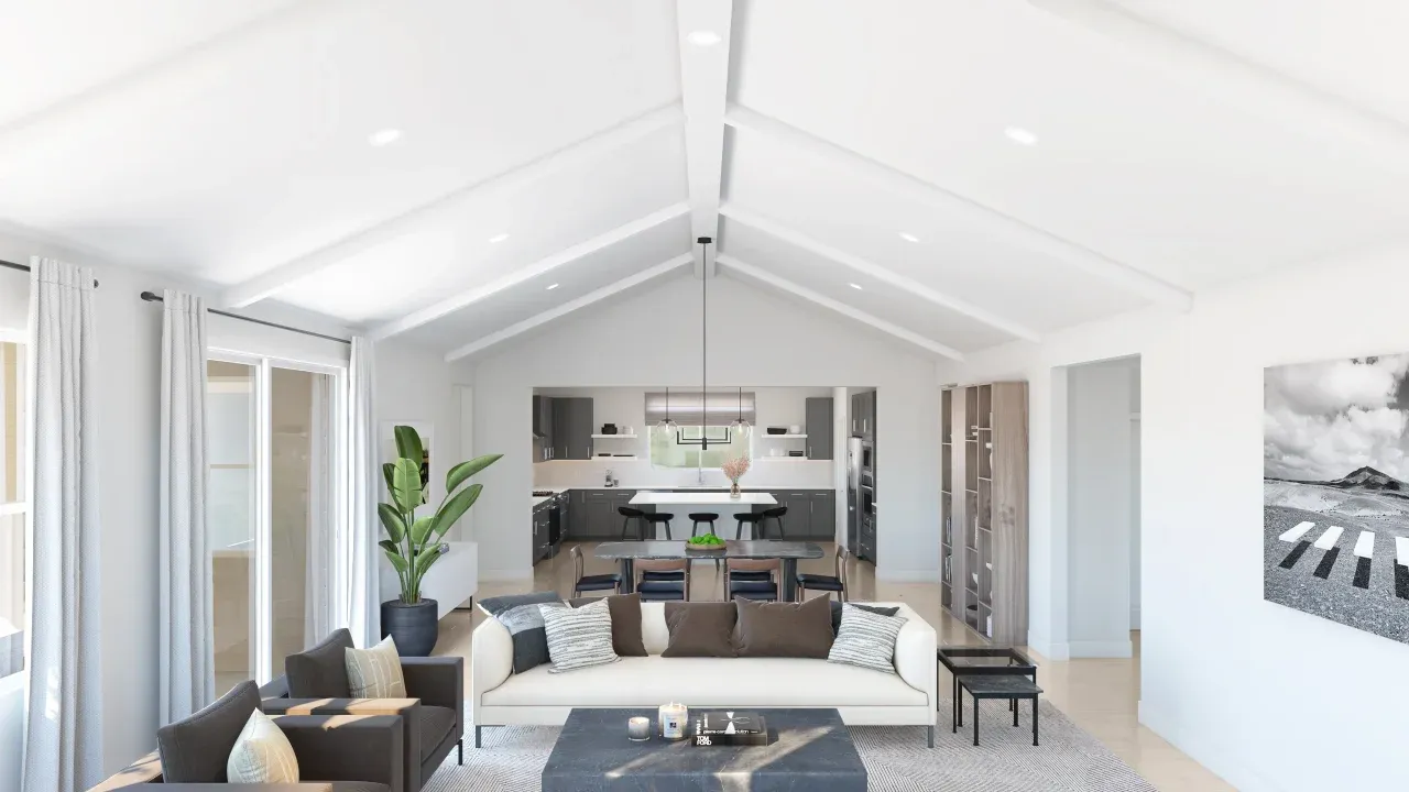 Great room and dining area with vaulted ceiling
