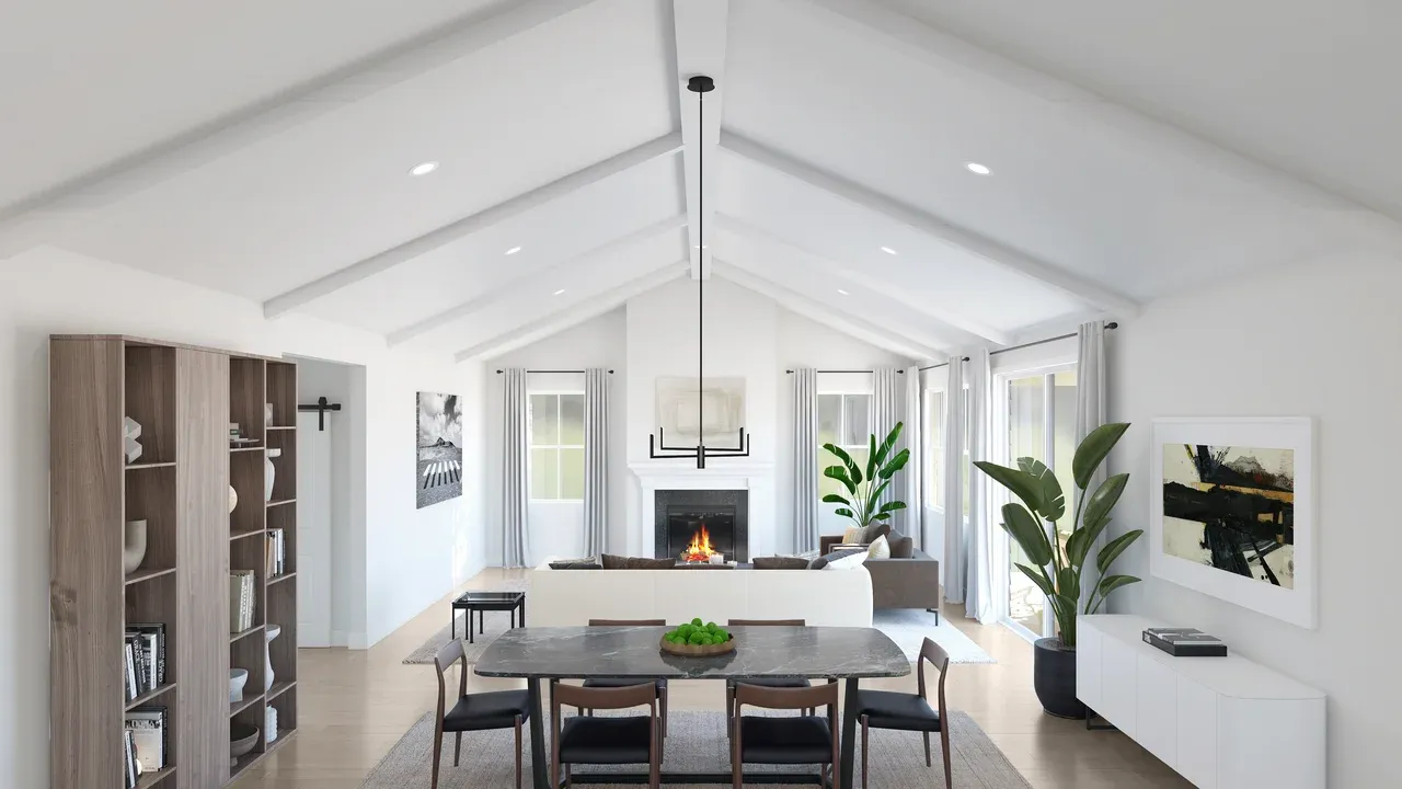 Dining area and great room with vaulted ceiling