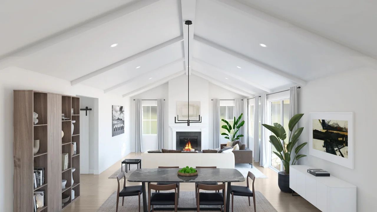 Dining area and great room with vaulted ceiling
