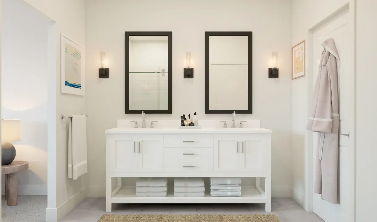 Primary bath with freestanding vanity