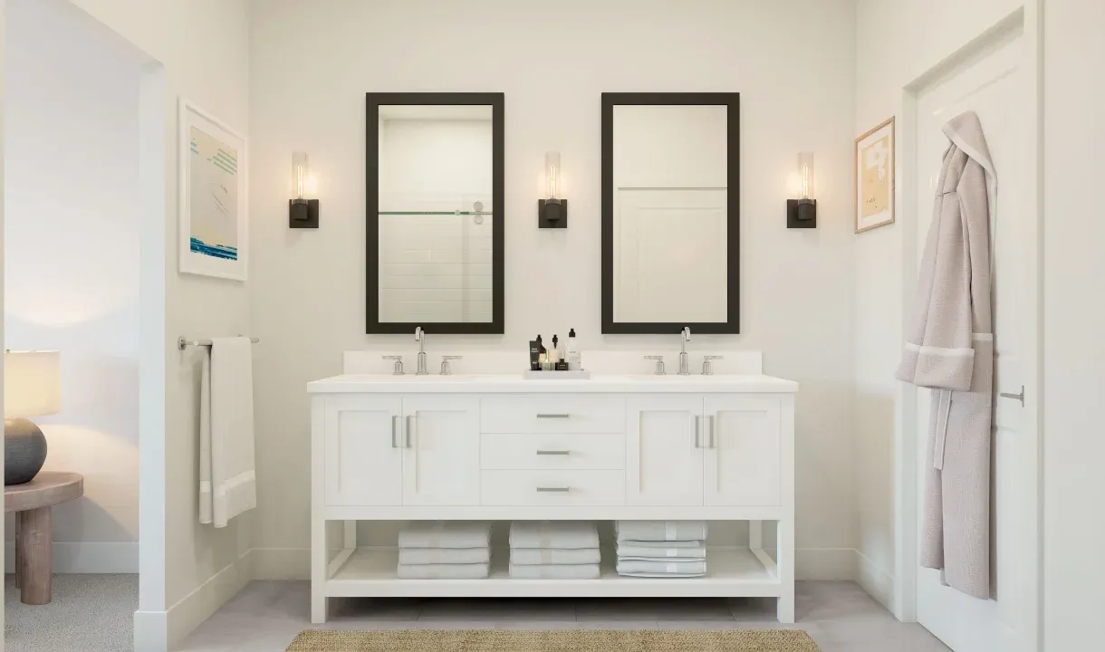 Primary bath with freestanding vanity