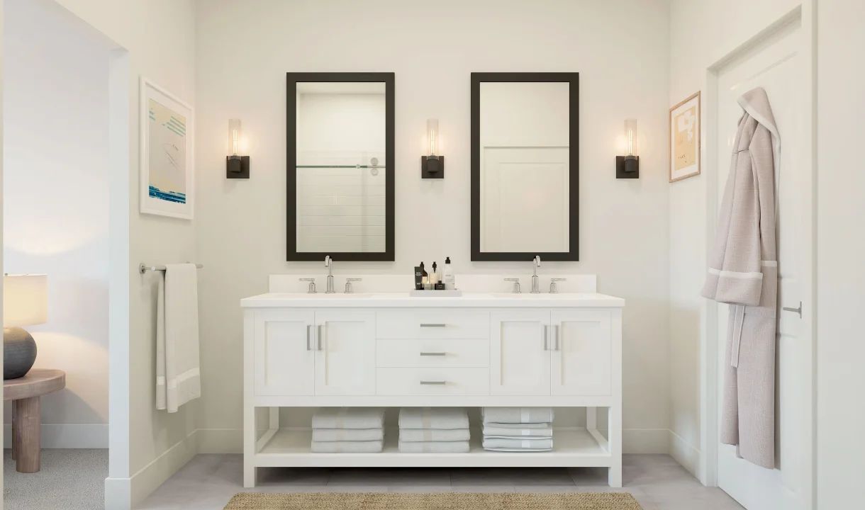 Primary bath with freestanding vanity