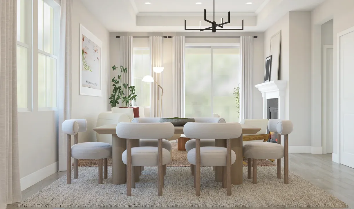 Dining area with decorative chandelier