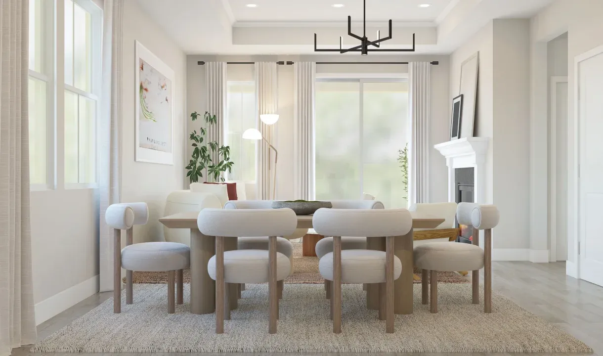 Dining area with decorative chandelier