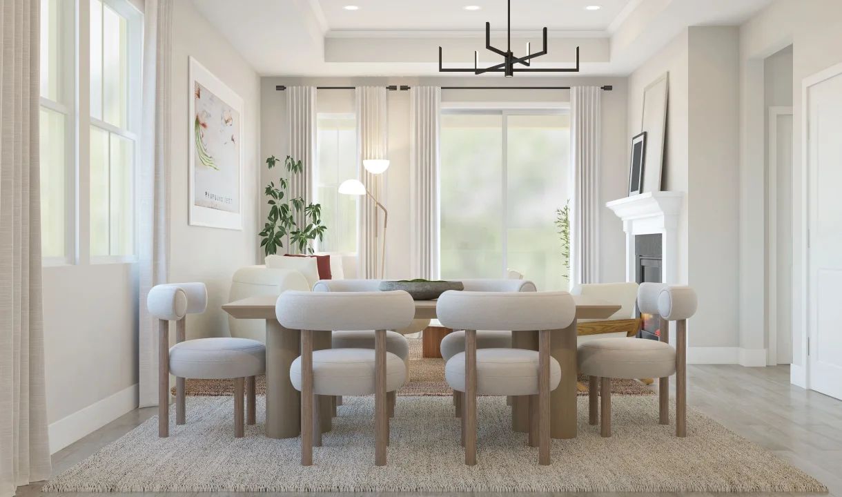 Dining area with decorative chandelier