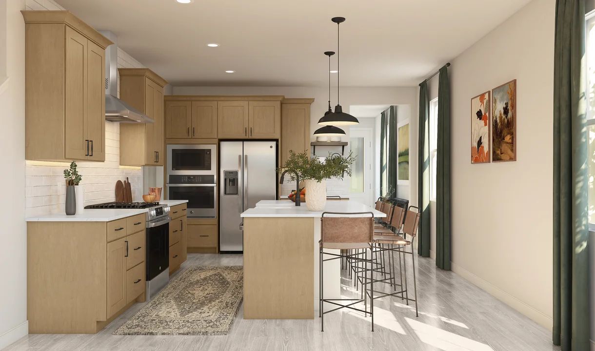 Kitchen with stained cabinets & matte black hardware