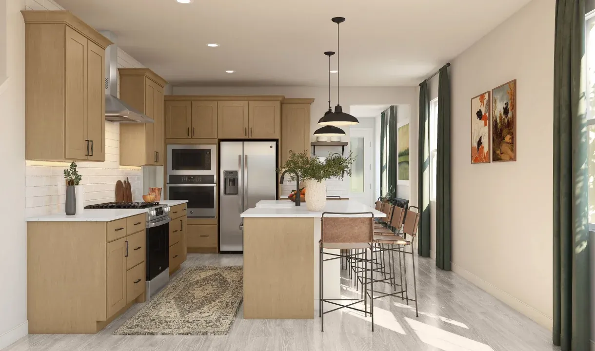 Kitchen with stained cabinets & matte black hardware