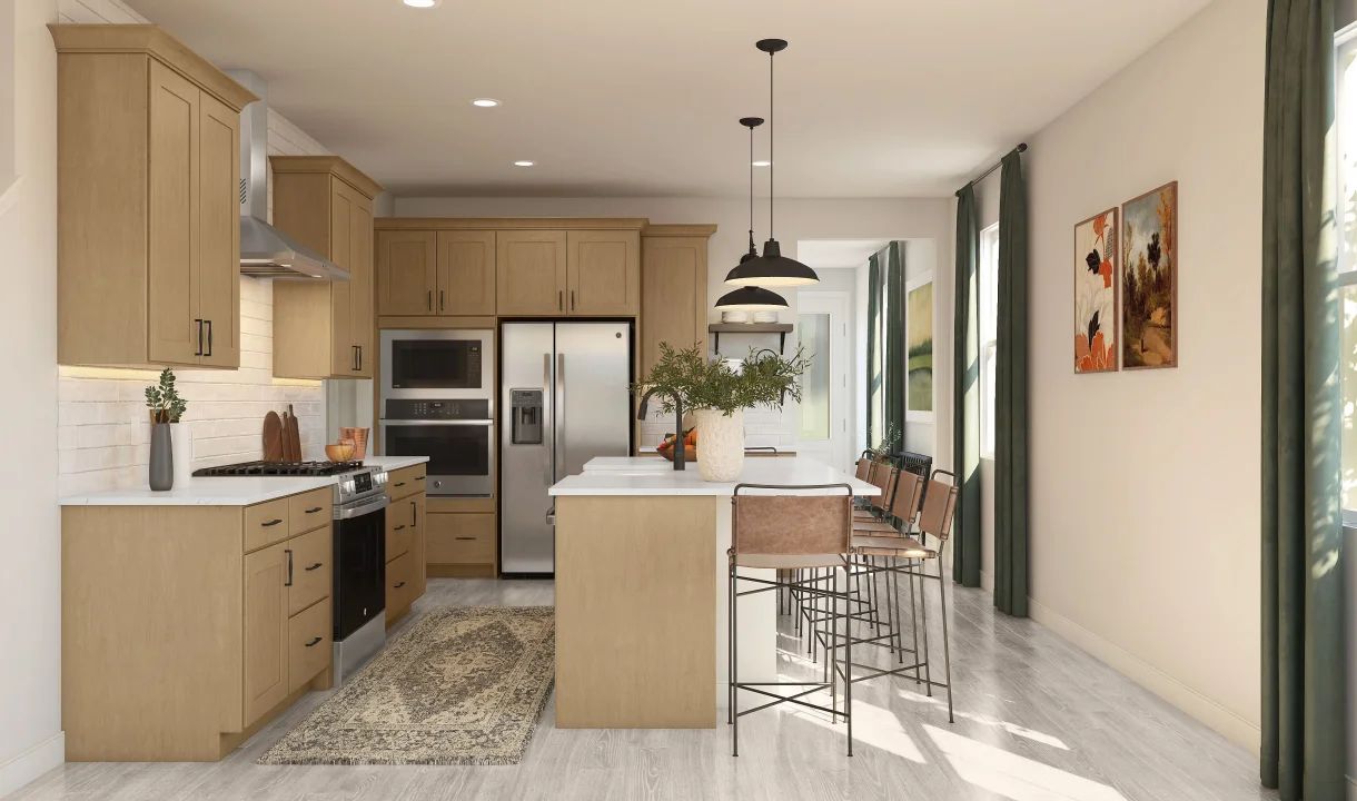 Kitchen with stained cabinets & matte black hardware