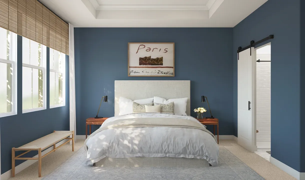 Primary suite with ceiling treatment & bath barn door
