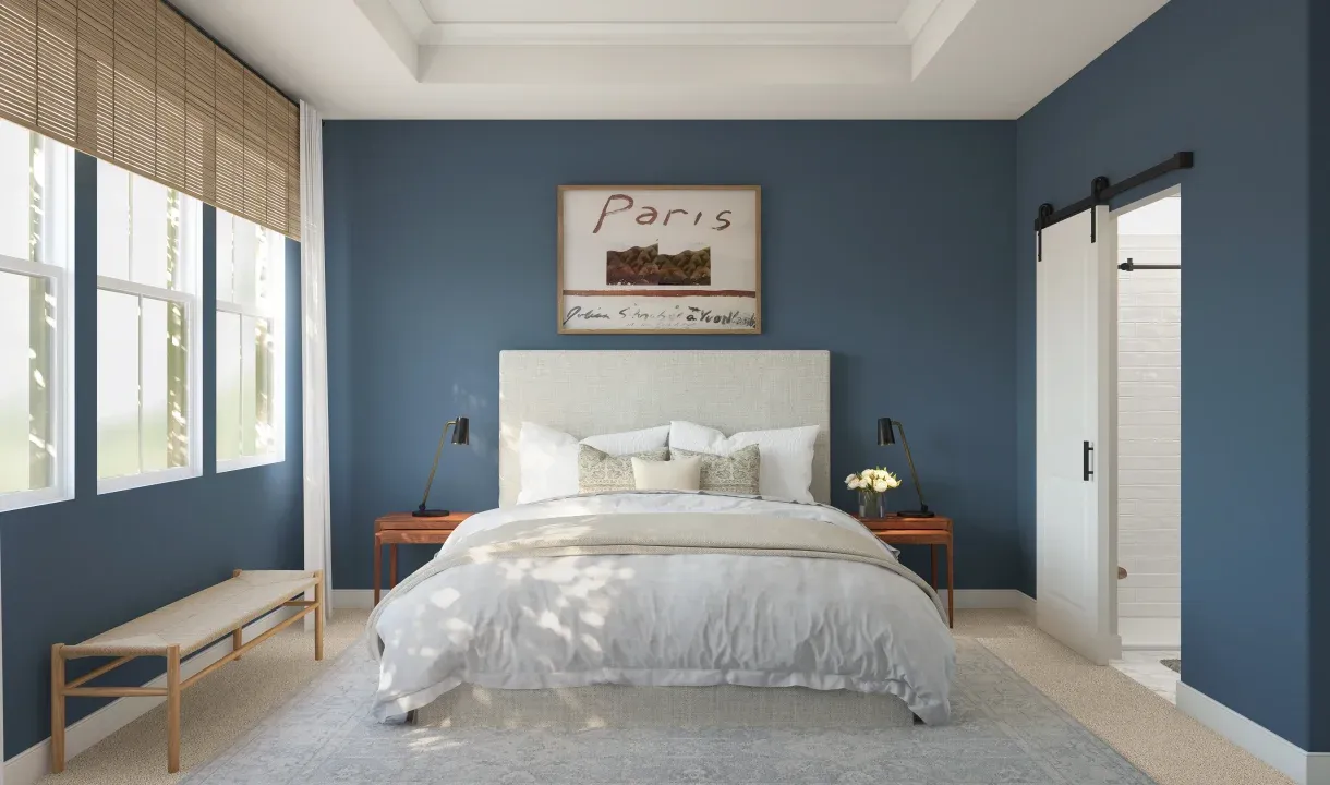 Primary suite with ceiling treatment & bath barn door