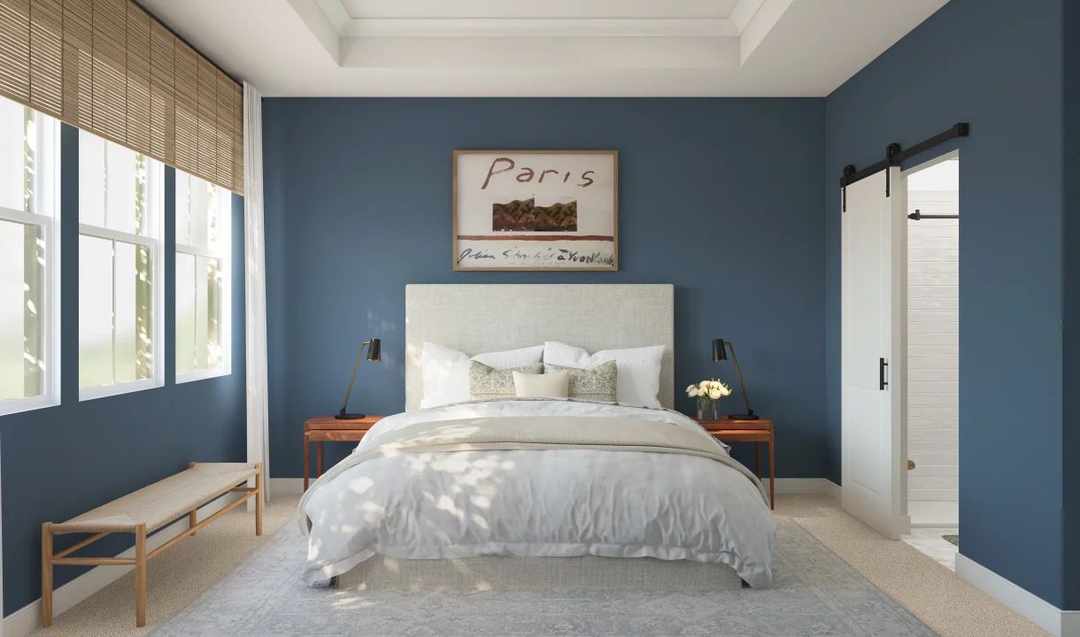 Primary suite with ceiling treatment & bath barn door