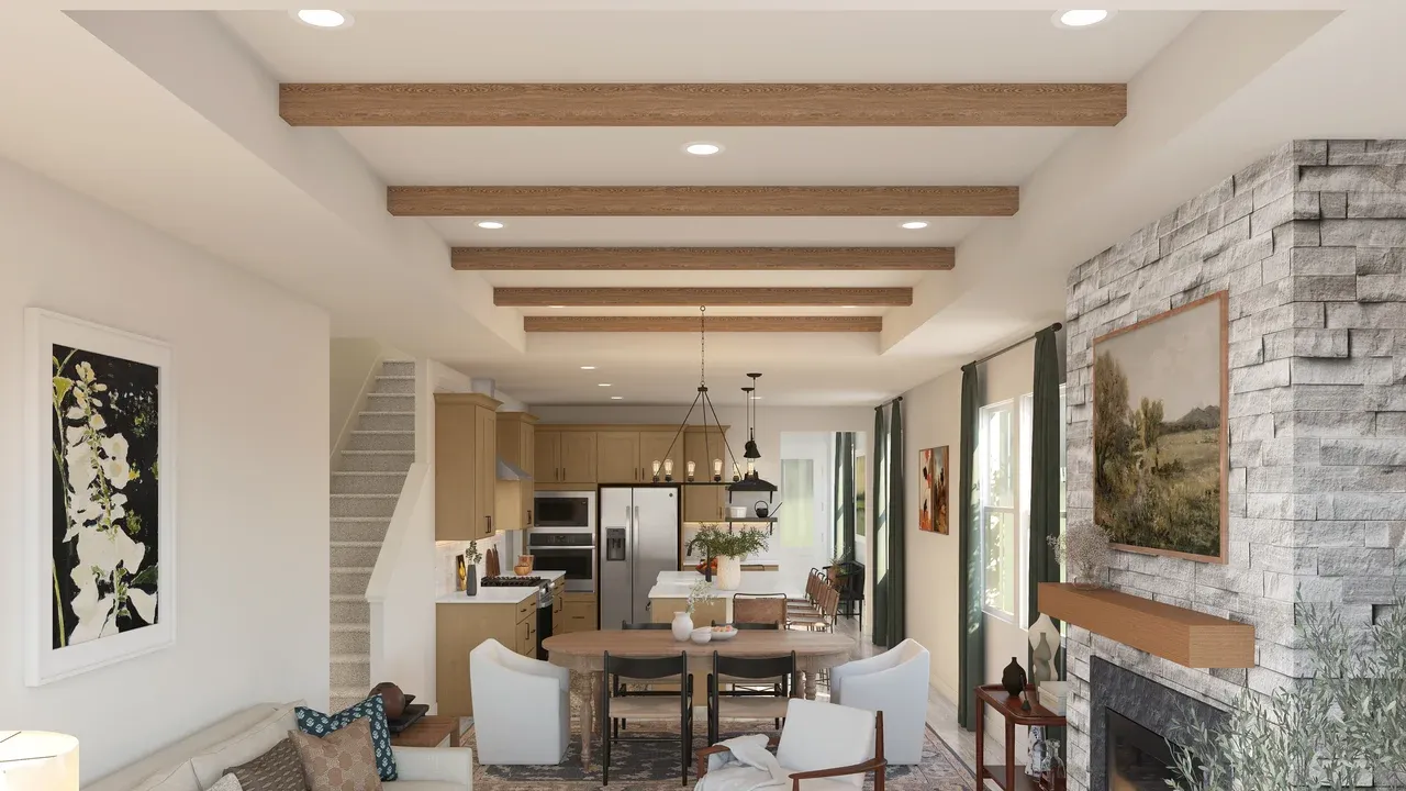 Ceiling beams in great room and dining area