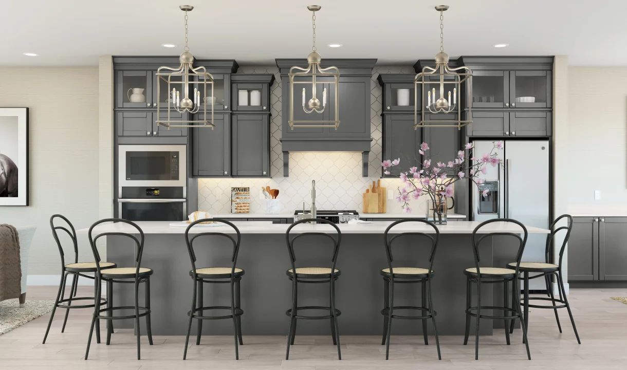 Kitchen with dark stained upper glass cabinetry