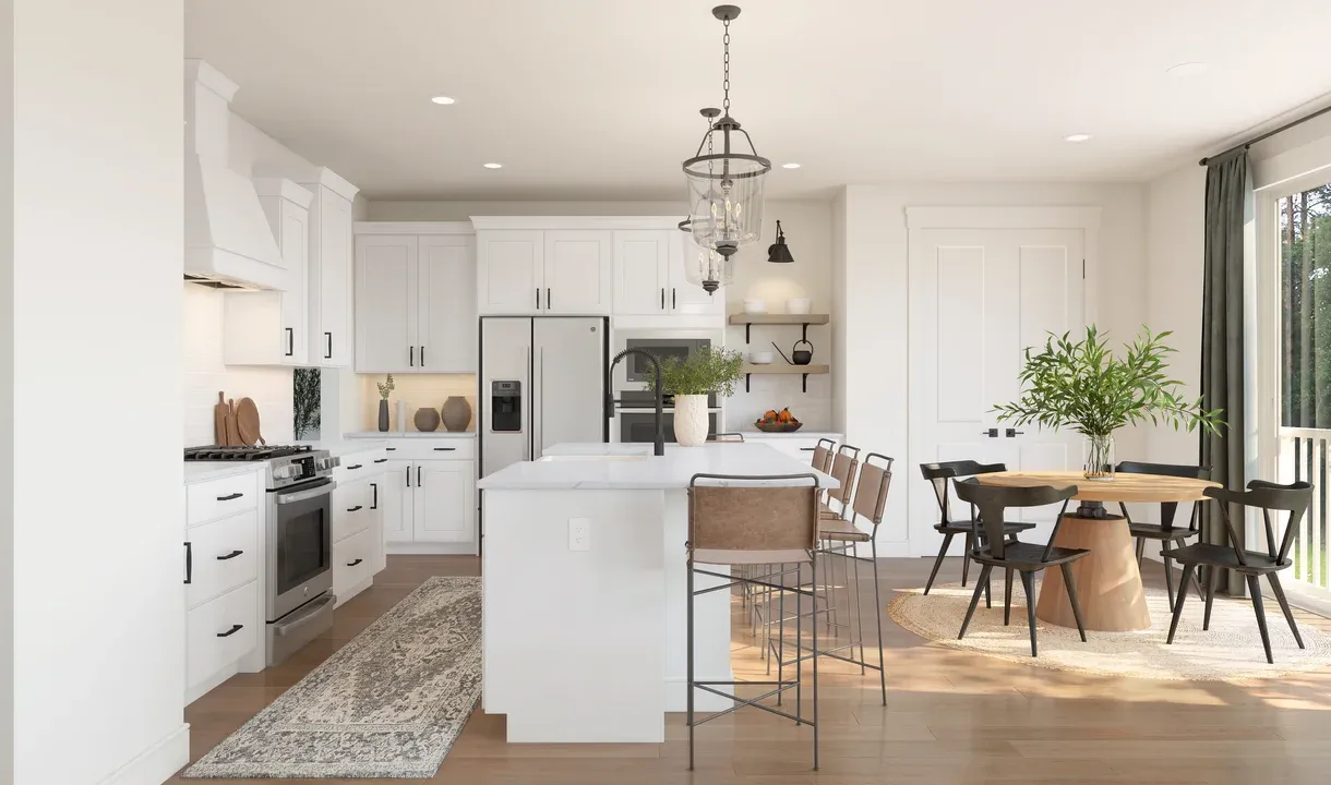 Kitchen with floating shelves and pendant lighting