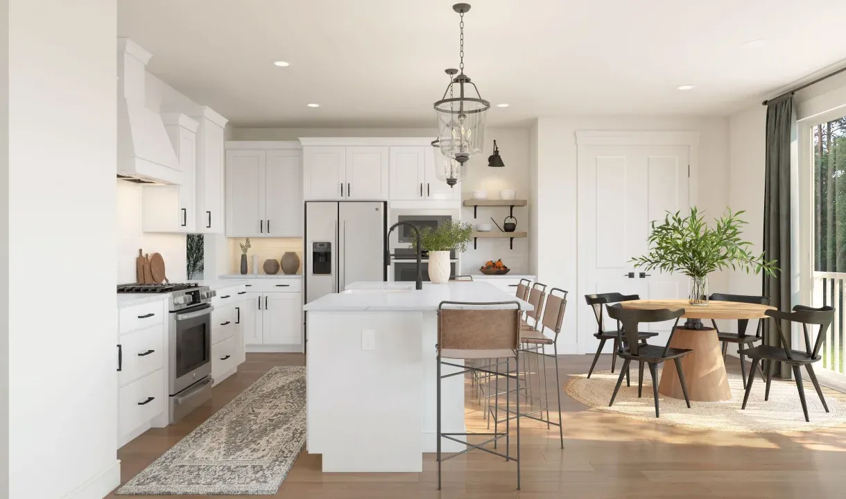 Kitchen with floating shelves and pendant lighting