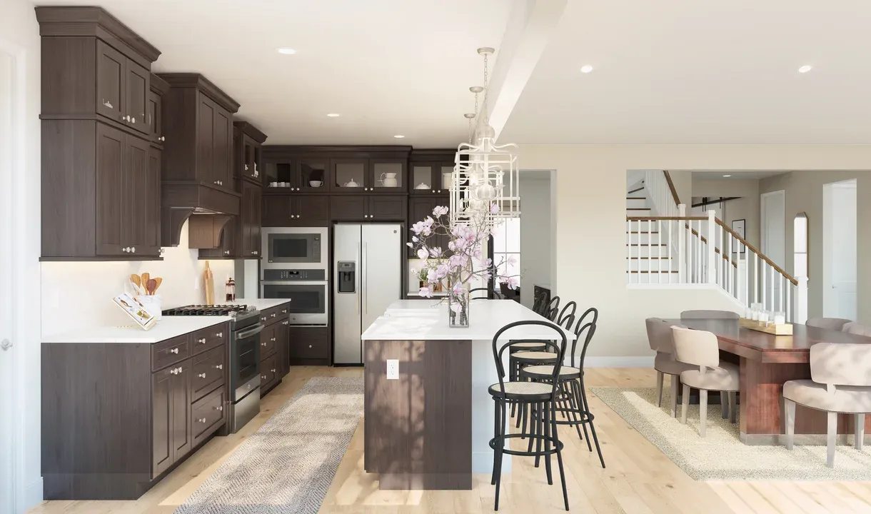Kitchen with pendant lighting and glass upper cabinets