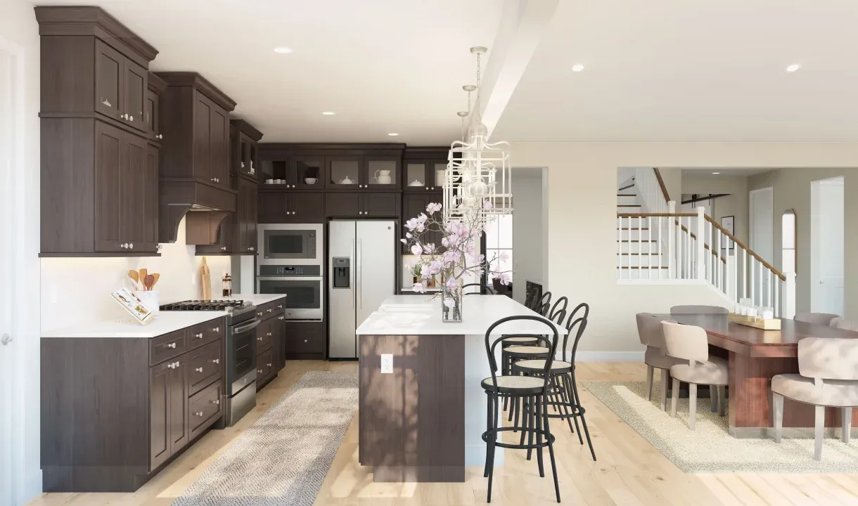 Kitchen with pendant lighting and glass upper cabinets