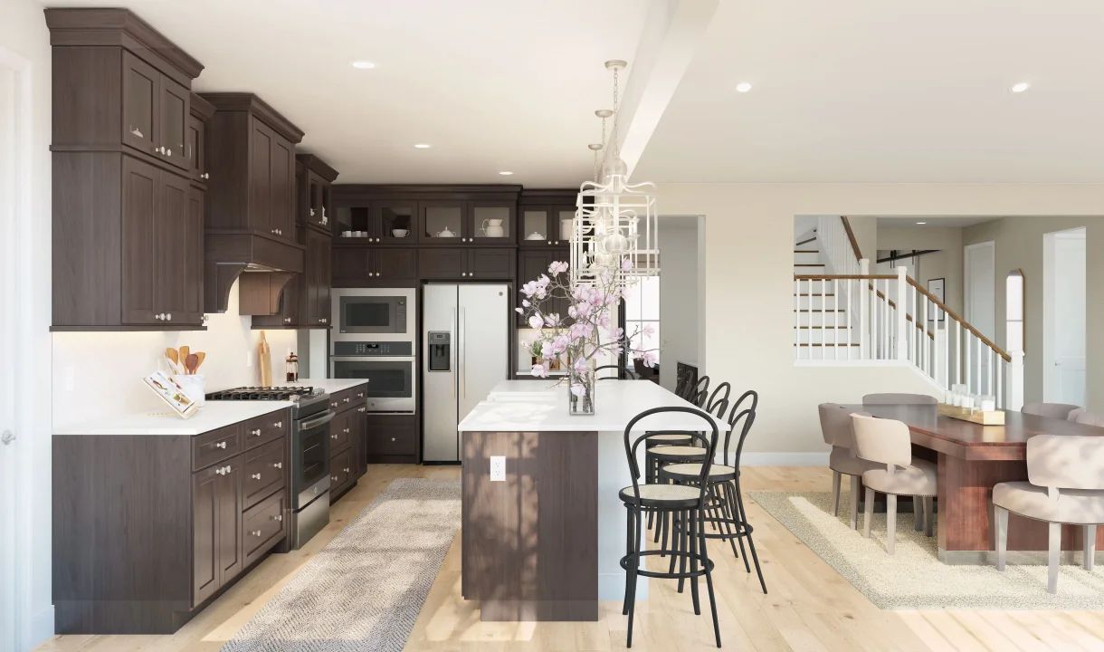 Kitchen with pendant lighting and glass upper cabinets