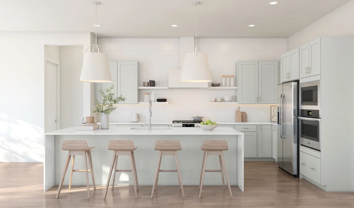 Kitchen with floating shelves and pendant lights