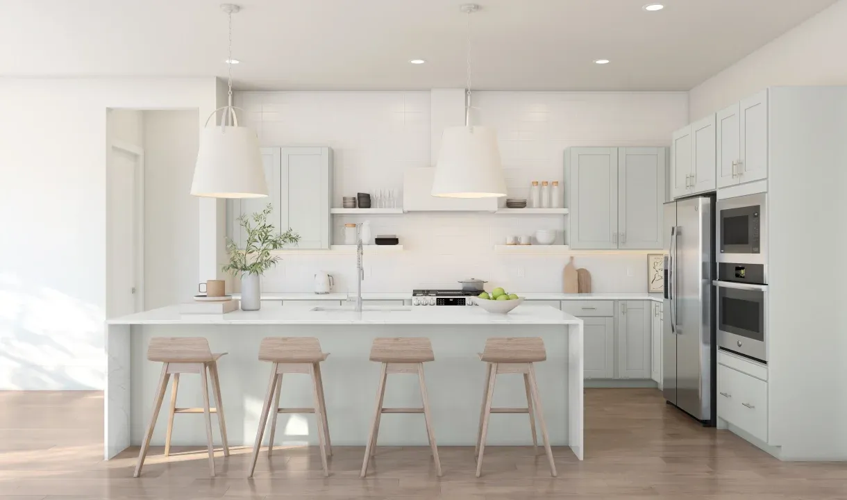 Kitchen with floating shelves and pendant lights