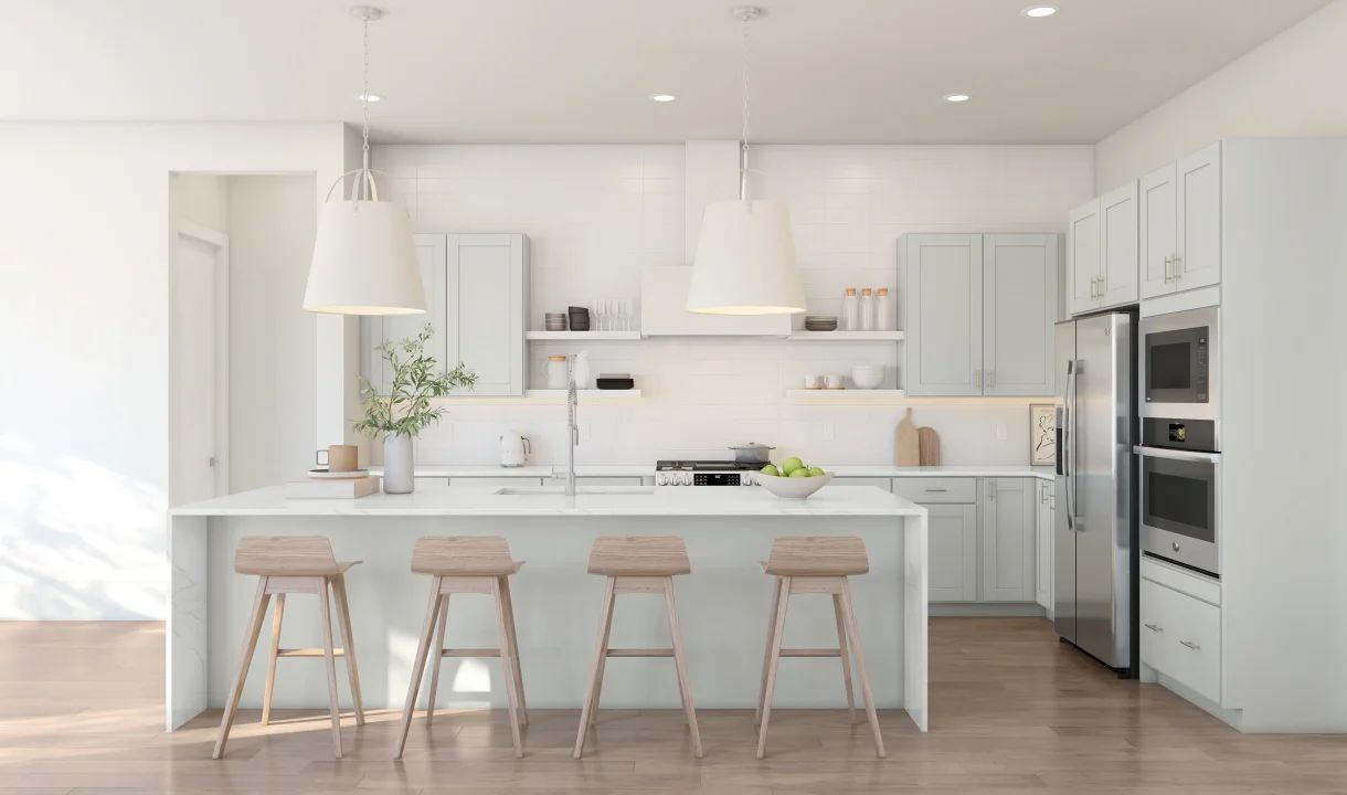 Kitchen with floating shelves and pendant lights