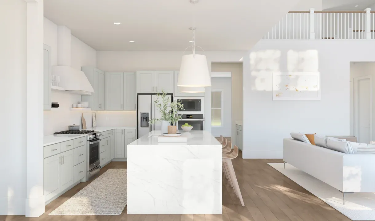 Kitchen with center island and quartz countertops
