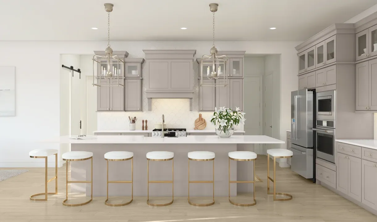 Kitchen with upper glass cabinets & pendant lights